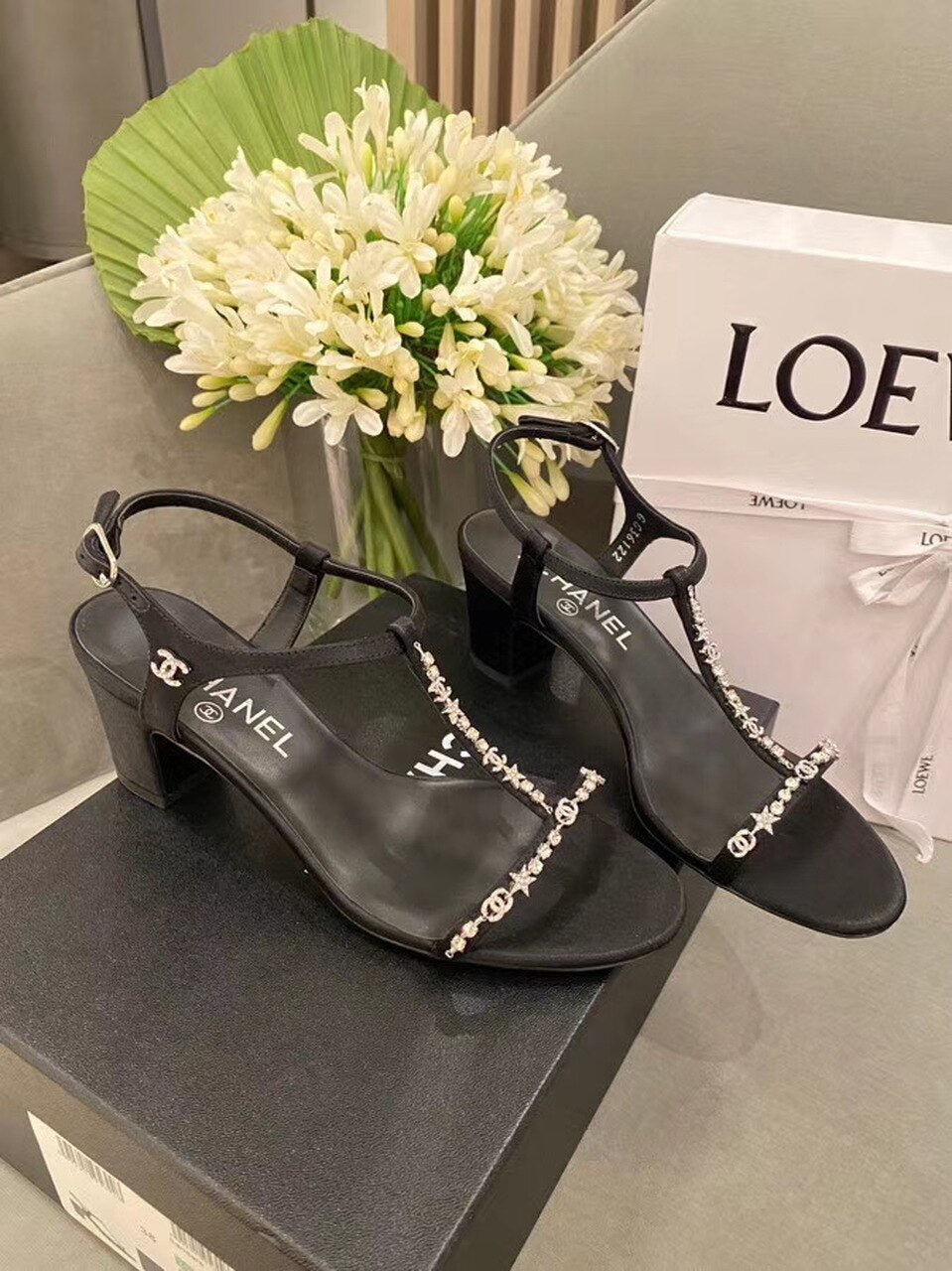 Chanel Star Crystal Open Toe Heel Sandals Calfskin Leather Spring/Summer Act 2 Collection Black