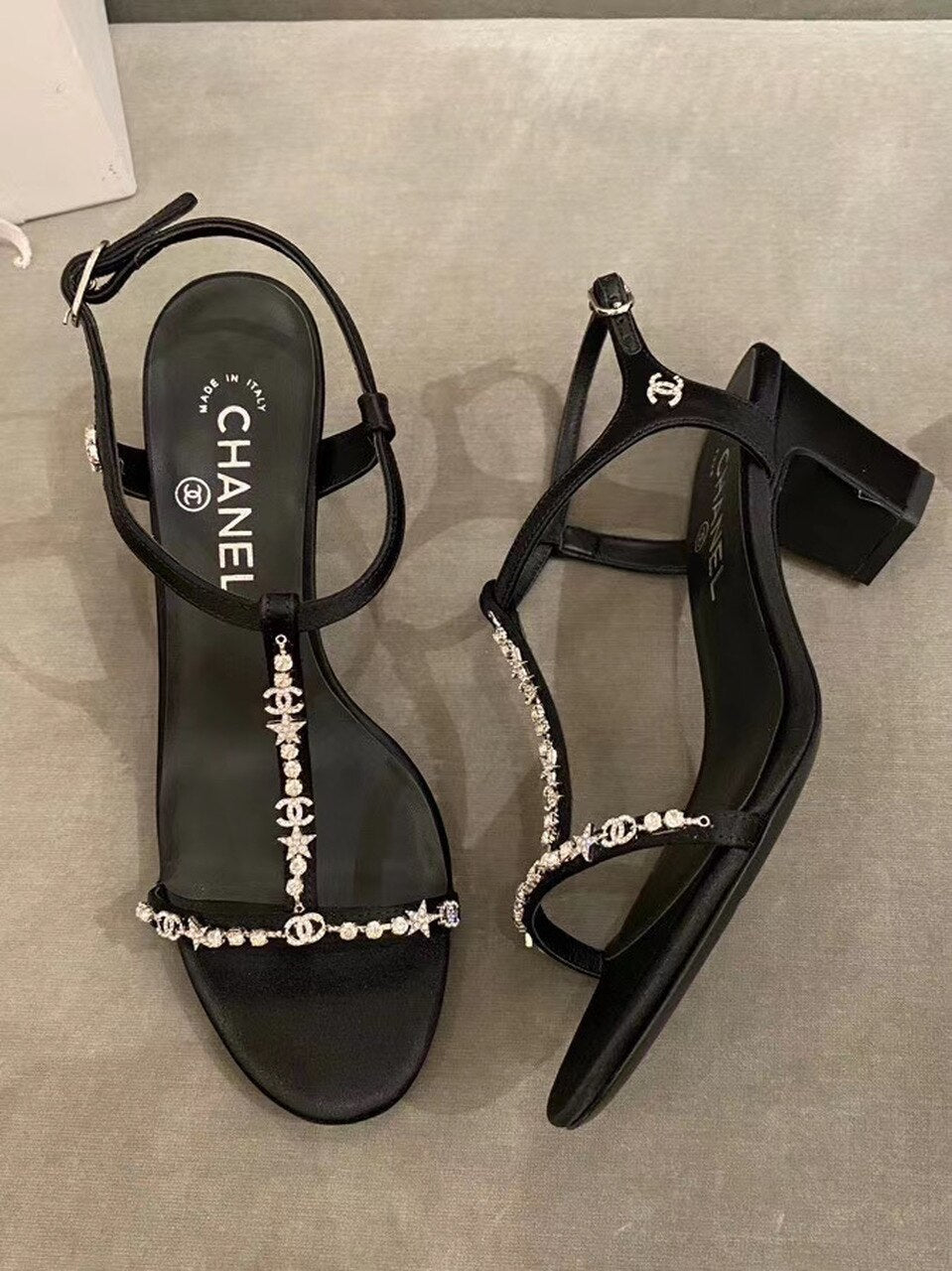 Chanel Star Crystal Open Toe Heel Sandals Calfskin Leather Spring/Summer Act 2 Collection Black