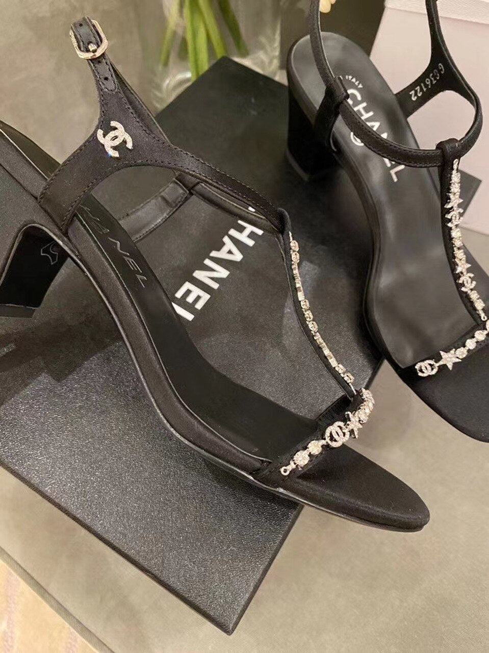 Chanel Star Crystal Open Toe Heel Sandals Calfskin Leather Spring/Summer Act 2 Collection Black