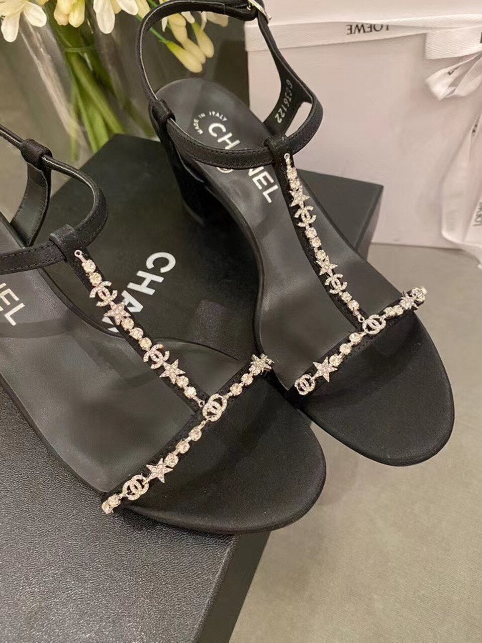 Chanel Star Crystal Open Toe Heel Sandals Calfskin Leather Spring/Summer Act 2 Collection Black