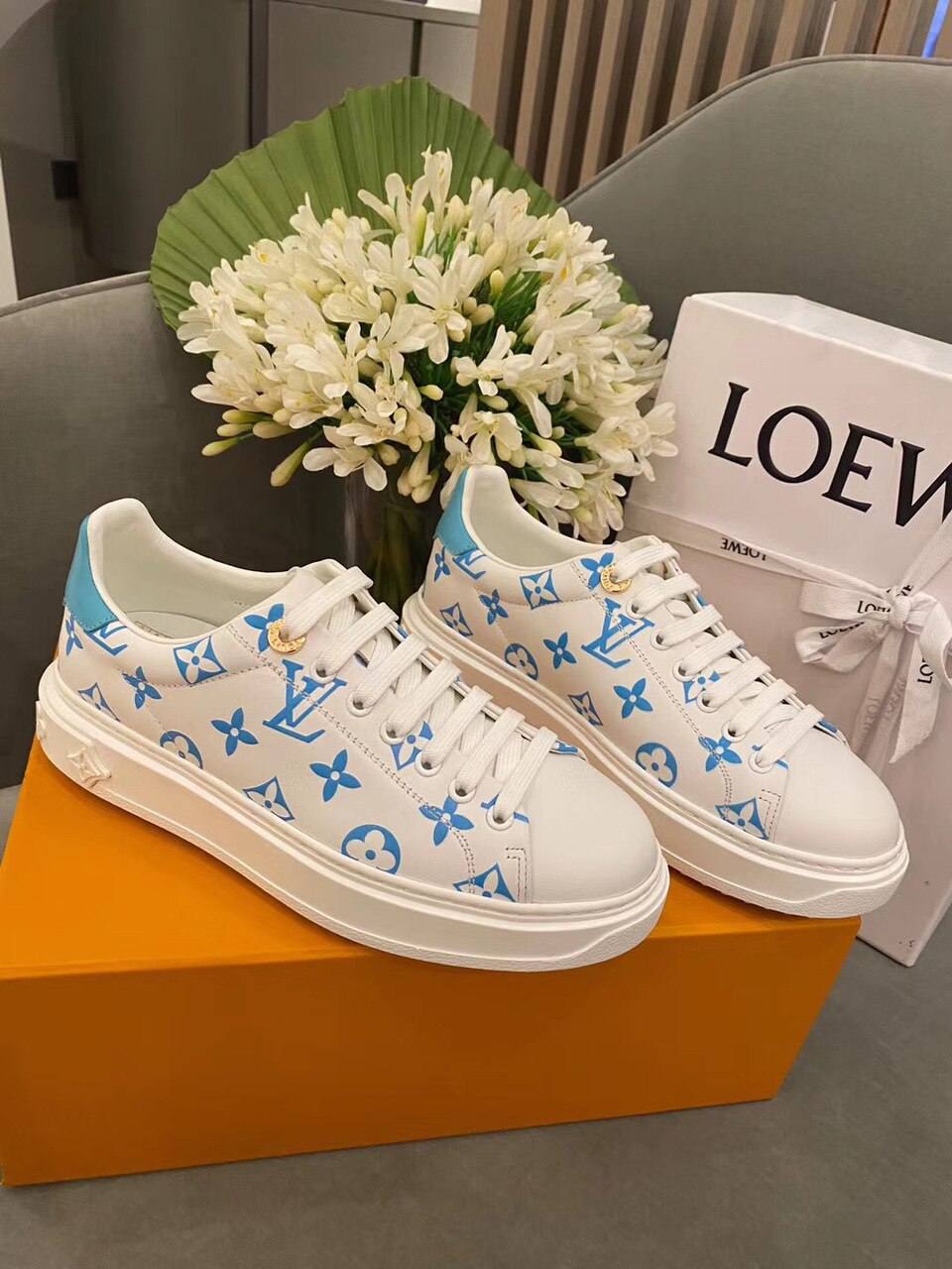 Louis Vuitton Time Out Sneakers Calfskin Leather Spring/Summer Collection Light Blue/White