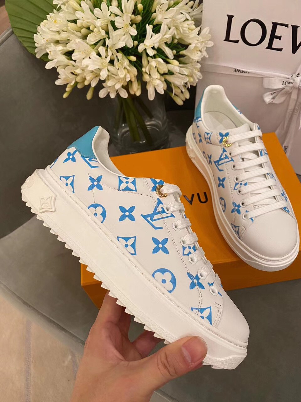 Louis Vuitton Time Out Sneakers Calfskin Leather Spring/Summer Collection Light Blue/White