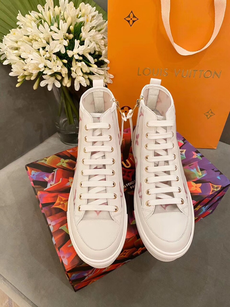 Louis Vuitton Stellar High-Top Sneakers Calfskin Leather Spring/Summer Collection Pink/White