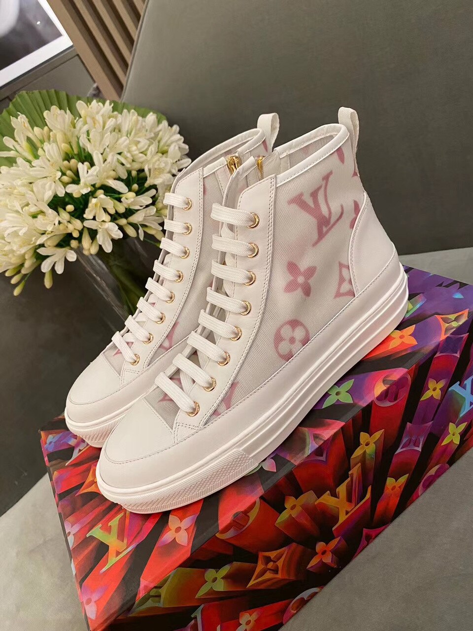 Louis Vuitton Stellar High-Top Sneakers Calfskin Leather Spring/Summer Collection Pink/White