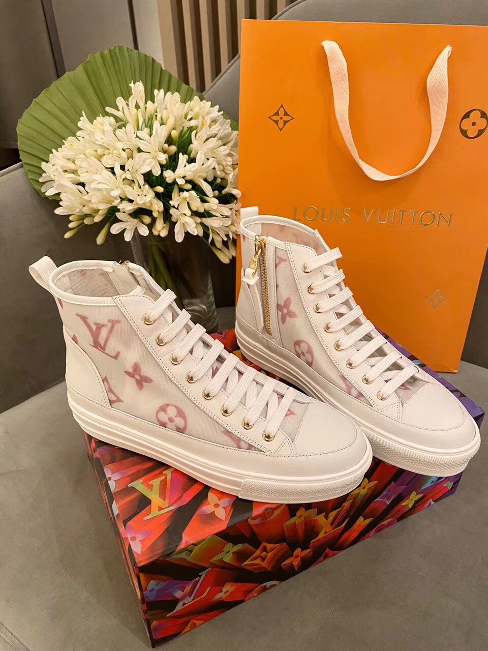 Louis Vuitton Stellar High-Top Sneakers Calfskin Leather Spring/Summer Collection Pink/White