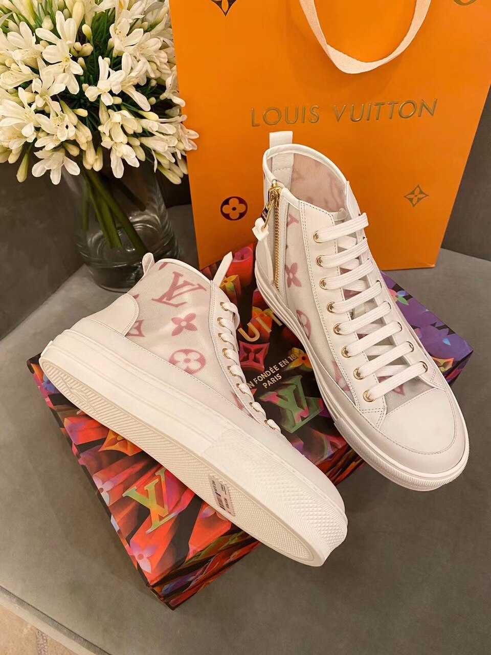 Louis Vuitton Stellar High-Top Sneakers Calfskin Leather Spring/Summer Collection Pink/White