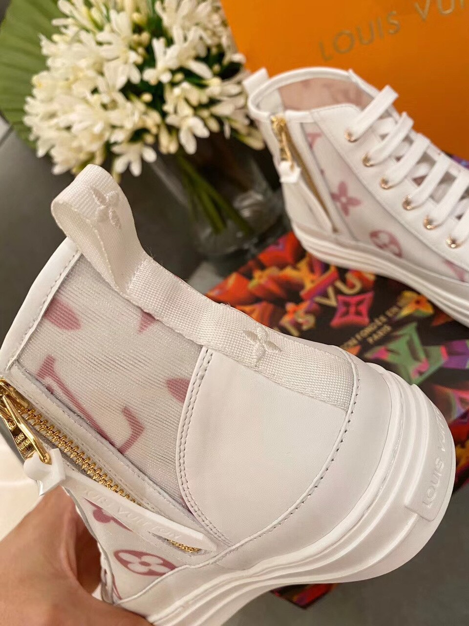 Louis Vuitton Stellar High-Top Sneakers Calfskin Leather Spring/Summer Collection Pink/White
