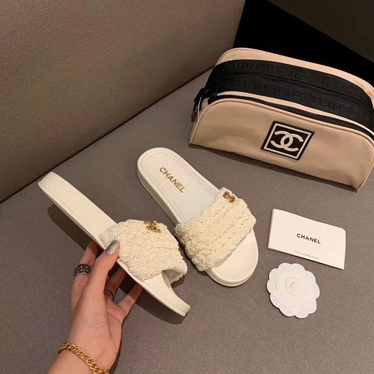 Chanel Pearl Beaded Embellished Sandals Calfskin Leather Spring/Summer Collection White