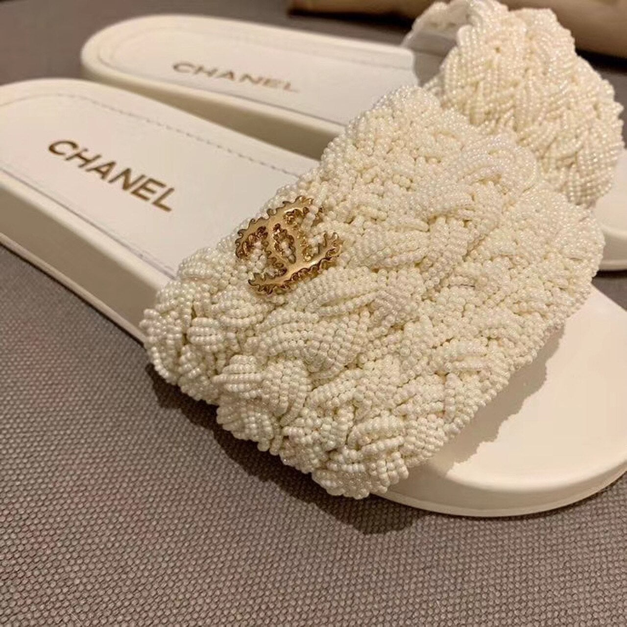 Chanel Pearl Beaded Embellished Sandals Calfskin Leather Spring/Summer Collection White