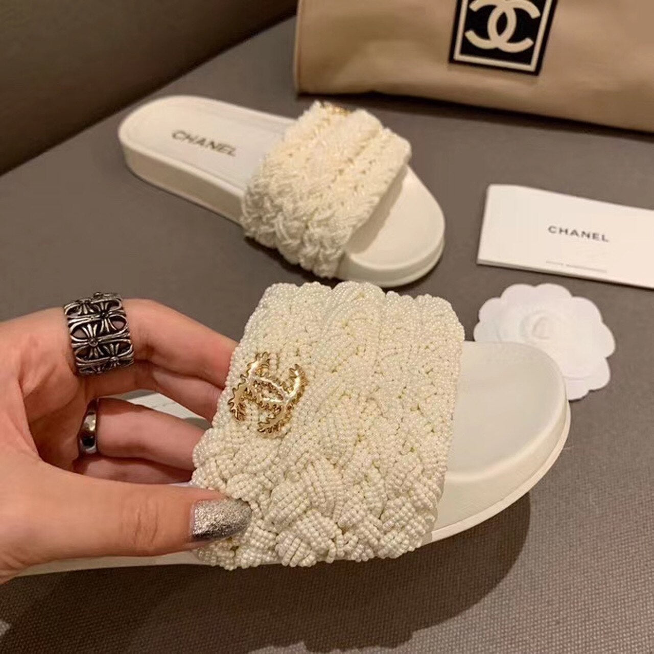 Chanel Pearl Beaded Embellished Sandals Calfskin Leather Spring/Summer Collection White