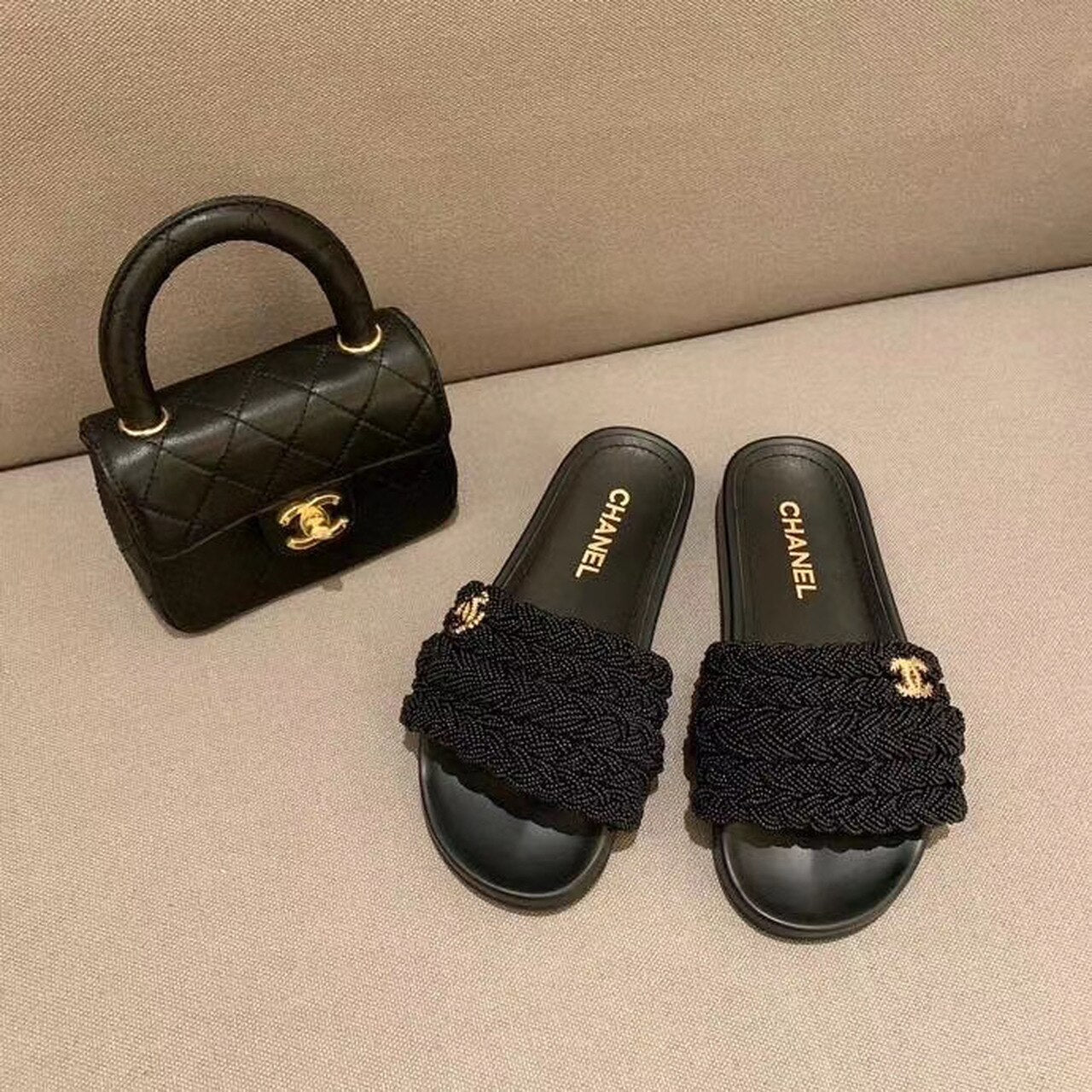 Chanel Pearl Beaded Embellished Sandals Calfskin Leather Spring/Summer Collection, Black