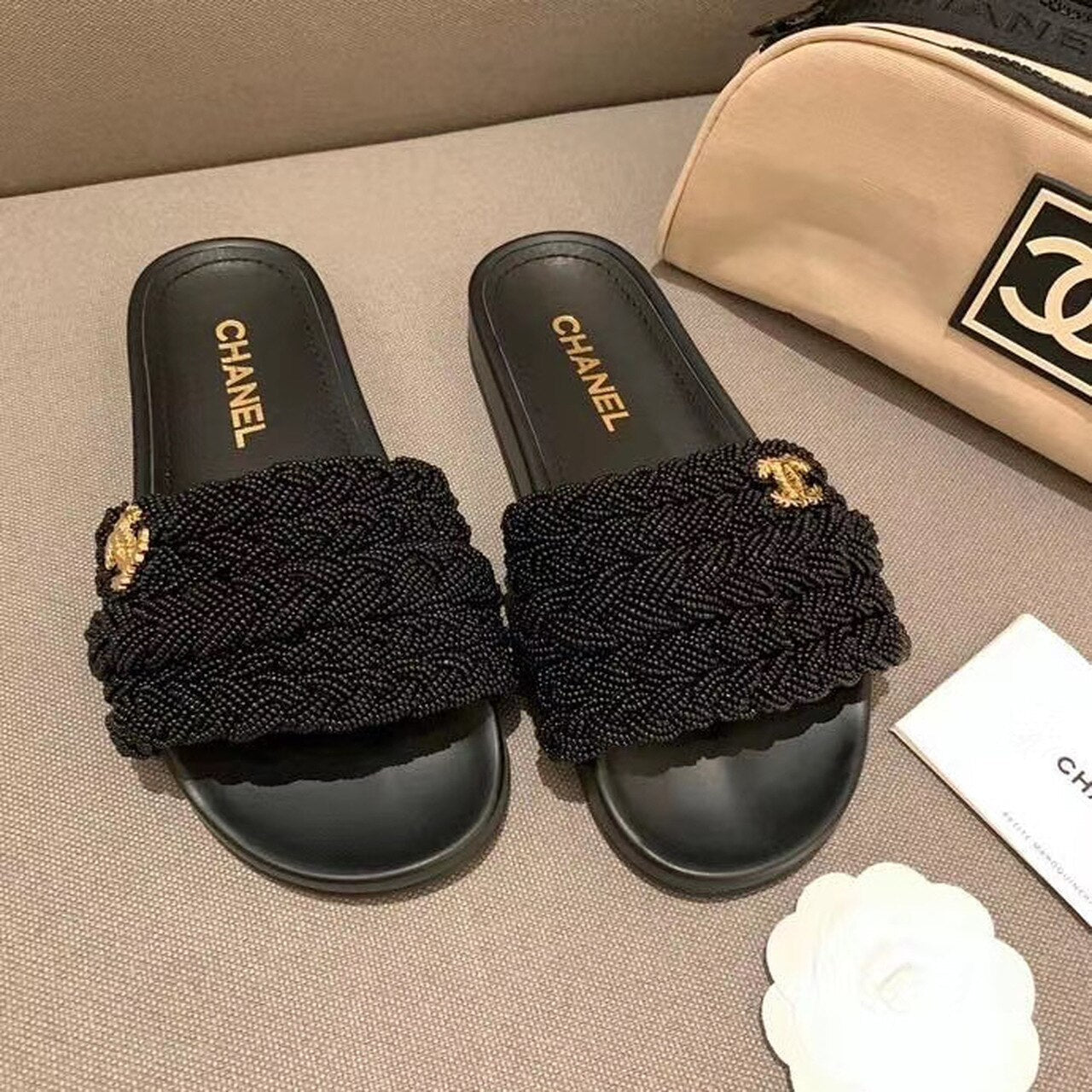 Chanel Pearl Beaded Embellished Sandals Calfskin Leather Spring/Summer Collection, Black