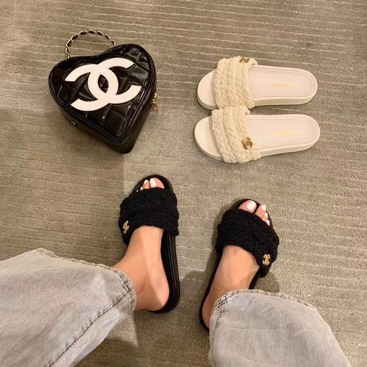 Chanel Pearl Beaded Embellished Sandals Calfskin Leather Spring/Summer Collection, Black