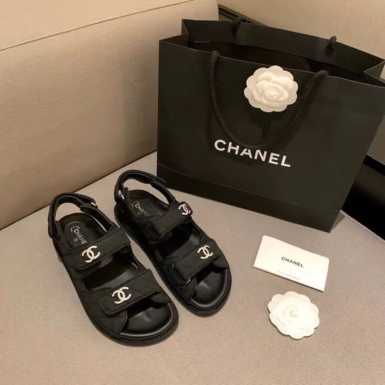 Chanel Crystal CC Satin Velcro Beach Sandals Calfskin Leather Spring/Summer Collection Black