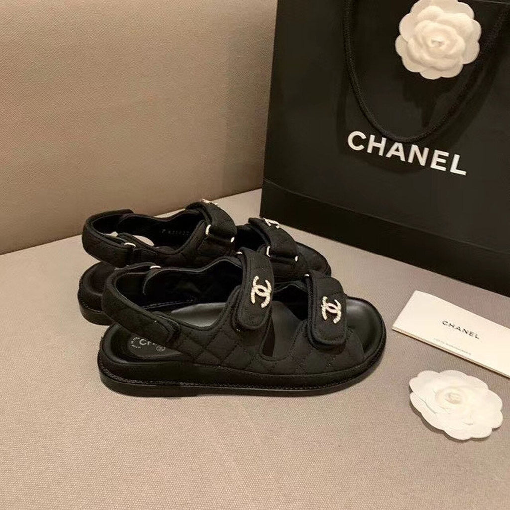 Chanel Crystal CC Satin Velcro Beach Sandals Calfskin Leather Spring/Summer Collection Black
