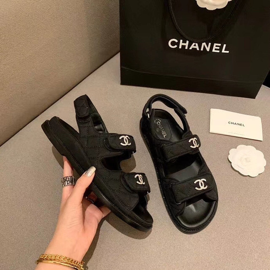 Chanel Crystal CC Satin Velcro Beach Sandals Calfskin Leather Spring/Summer Collection Black