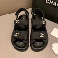 Chanel Crystal CC Satin Velcro Beach Sandals Calfskin Leather Spring/Summer Collection Black