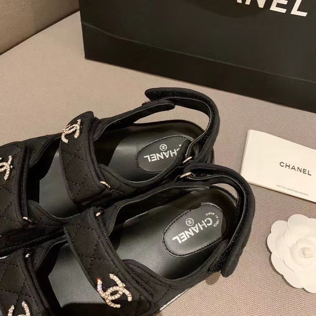 Chanel Crystal CC Satin Velcro Beach Sandals Calfskin Leather Spring/Summer Collection Black