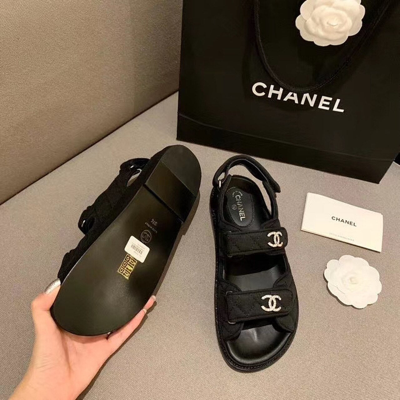 Chanel Crystal CC Satin Velcro Beach Sandals Calfskin Leather Spring/Summer Collection Black
