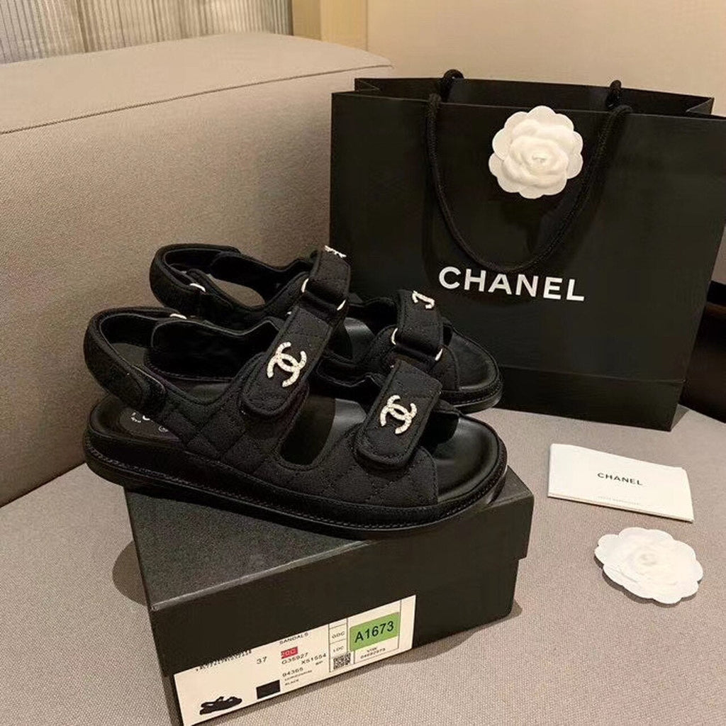Chanel Crystal CC Satin Velcro Beach Sandals Calfskin Leather Spring/Summer Collection Black