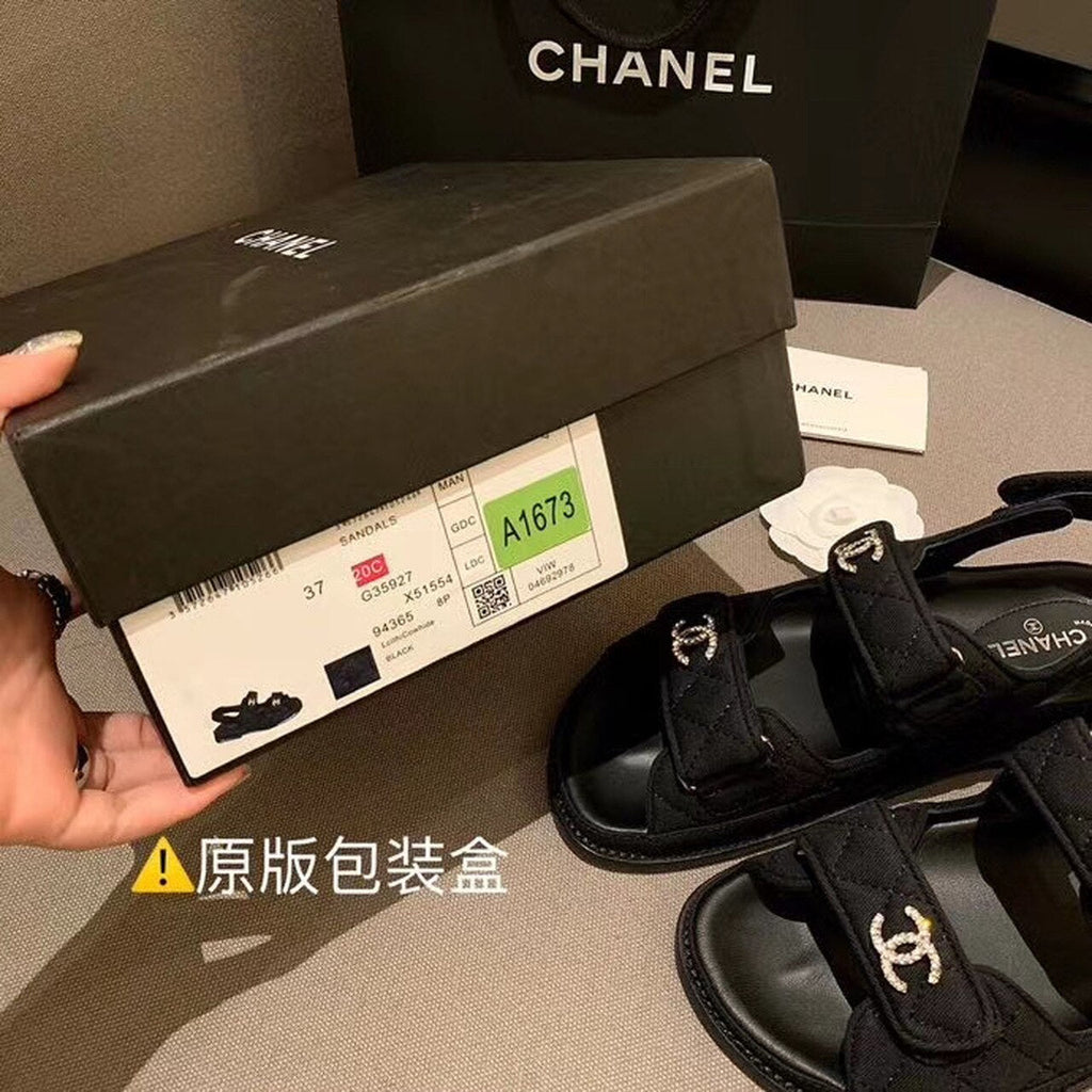 Chanel Crystal CC Satin Velcro Beach Sandals Calfskin Leather Spring/Summer Collection Black