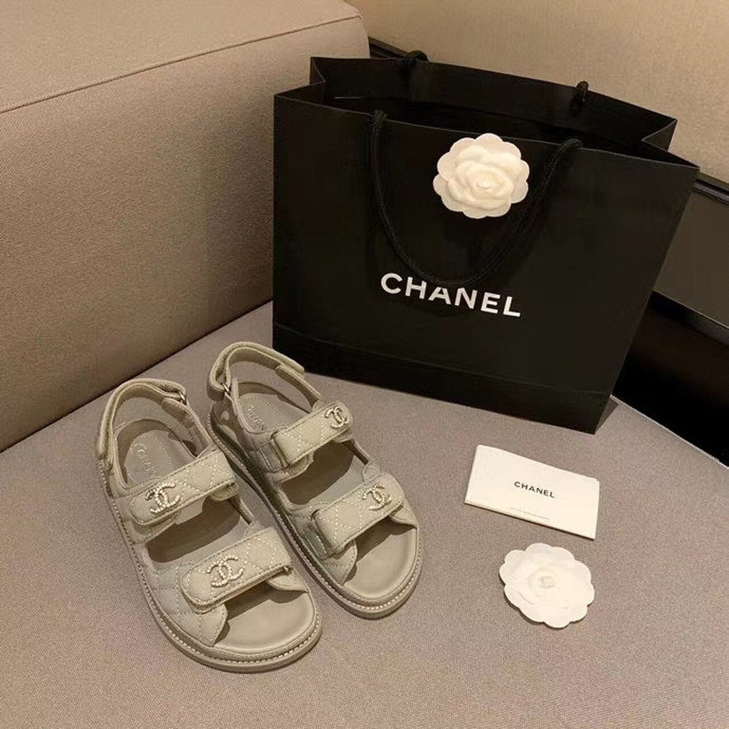 Chanel Crystal CC Satin Velcro Beach Sandals Calfskin Leather Spring/Summer Collection Grey