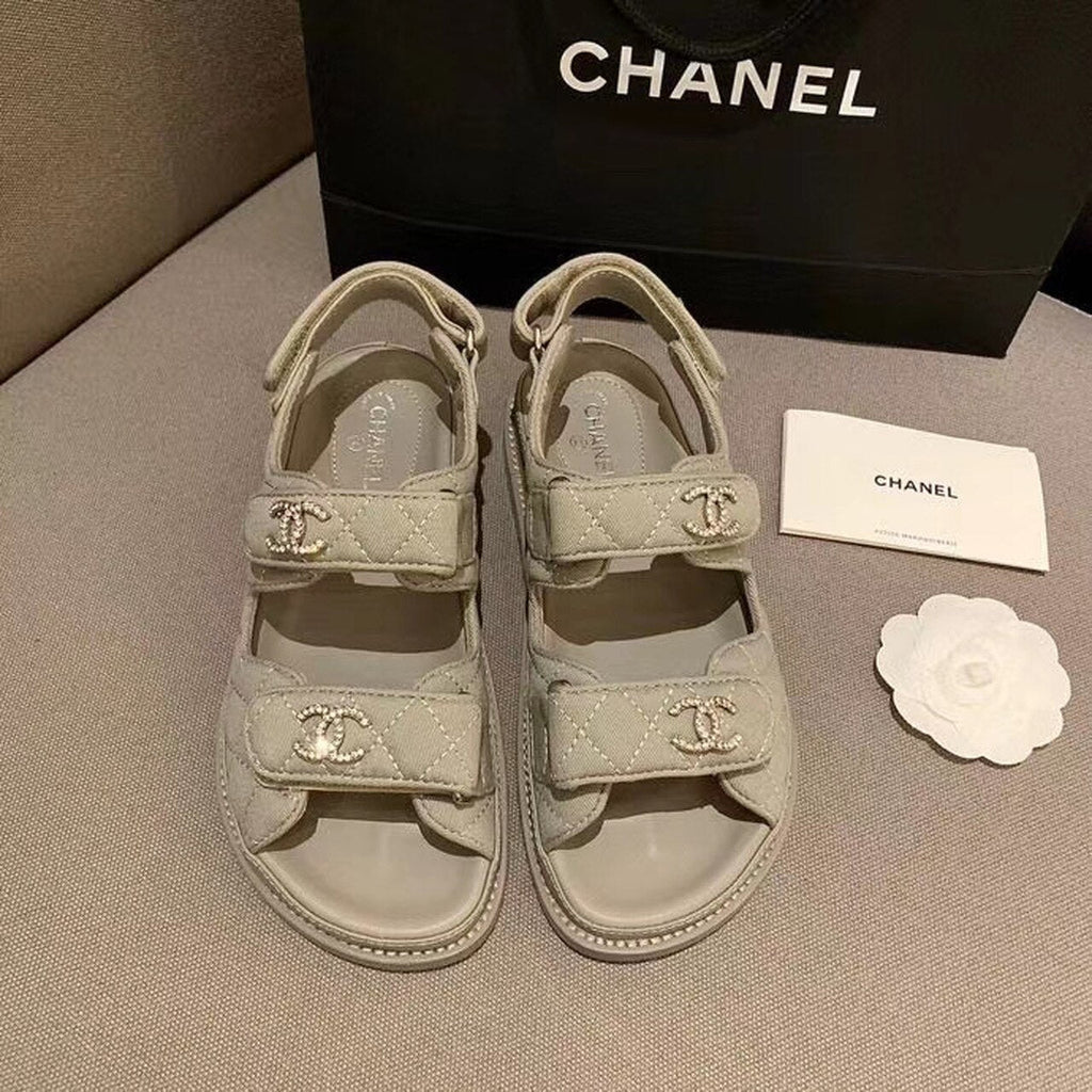 Chanel Crystal CC Satin Velcro Beach Sandals Calfskin Leather Spring/Summer Collection Grey