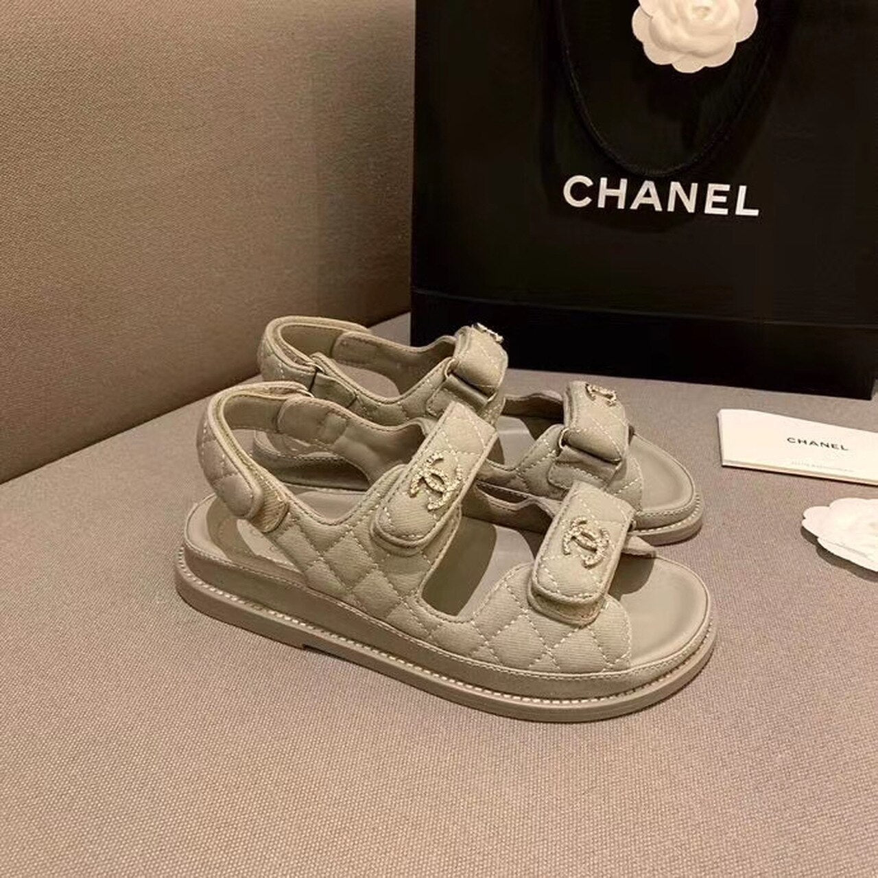 Chanel Crystal CC Satin Velcro Beach Sandals Calfskin Leather Spring/Summer Collection Grey