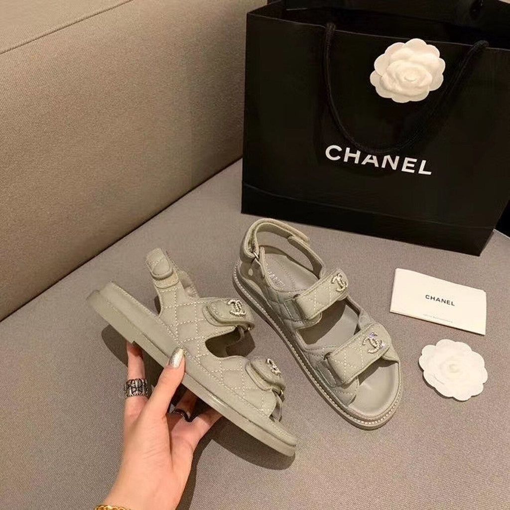 Chanel Crystal CC Satin Velcro Beach Sandals Calfskin Leather Spring/Summer Collection Grey