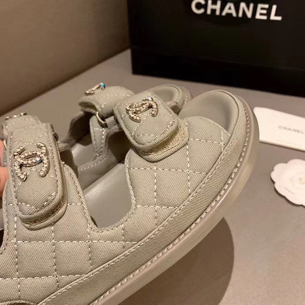 Chanel Crystal CC Satin Velcro Beach Sandals Calfskin Leather Spring/Summer Collection Grey