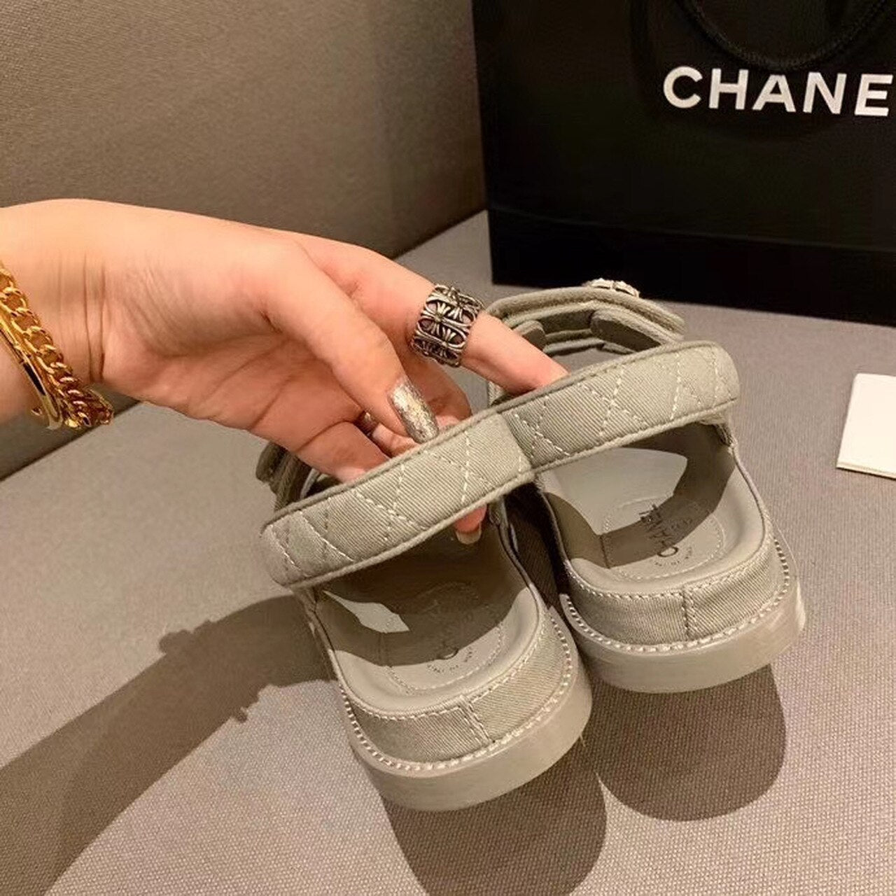 Chanel Crystal CC Satin Velcro Beach Sandals Calfskin Leather Spring/Summer Collection Grey