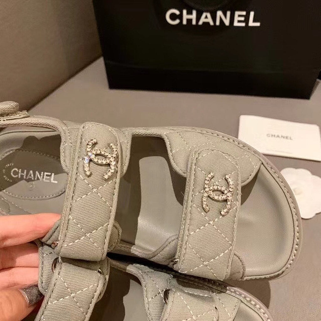 Chanel Crystal CC Satin Velcro Beach Sandals Calfskin Leather Spring/Summer Collection Grey