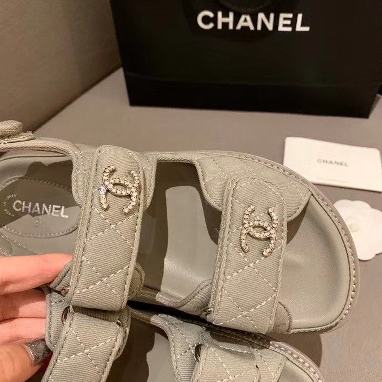 Chanel Crystal CC Satin Velcro Beach Sandals Calfskin Leather Spring/Summer Collection Grey