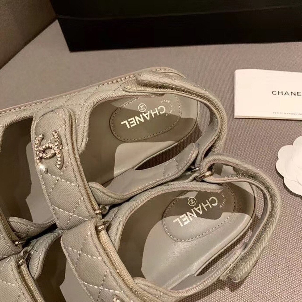 Chanel Crystal CC Satin Velcro Beach Sandals Calfskin Leather Spring/Summer Collection Grey