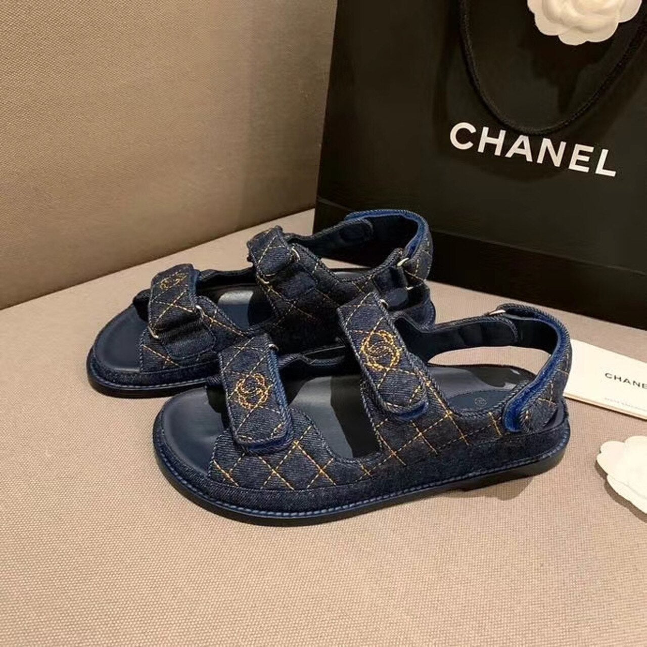 Chanel Denim Velcro Beach Sandals Calfskin Leather Spring/Summer Collection Blue