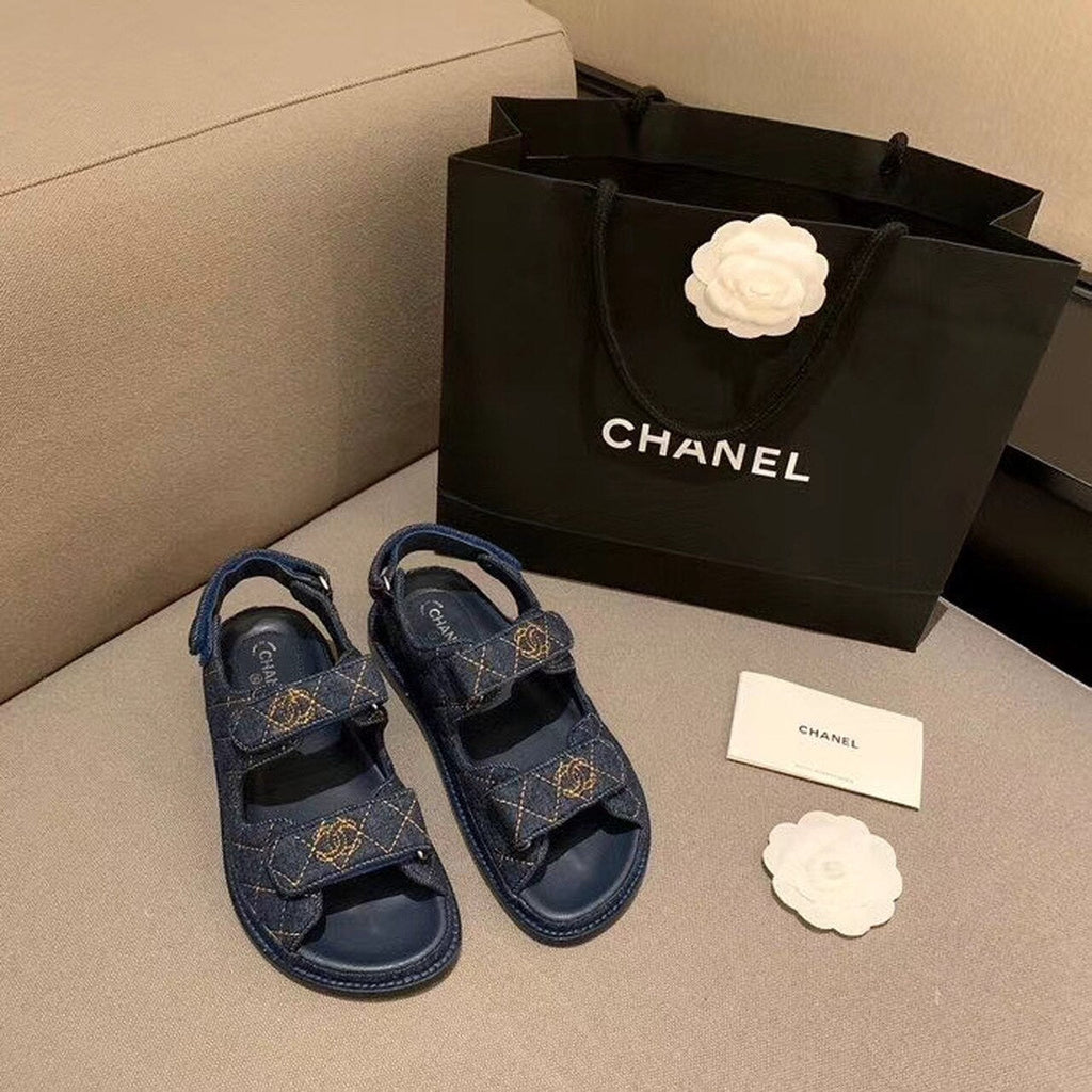 Chanel Denim Velcro Beach Sandals Calfskin Leather Spring/Summer Collection Blue