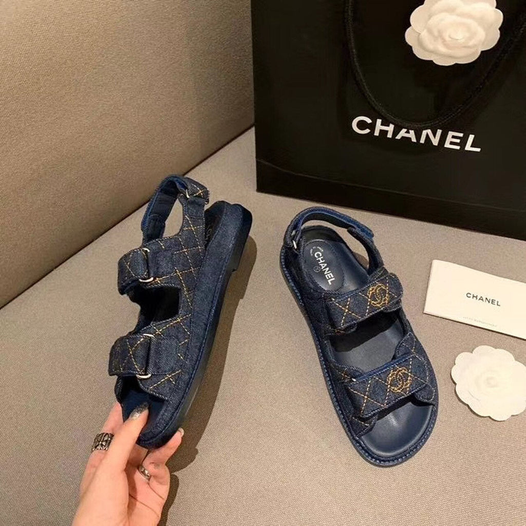 Chanel Denim Velcro Beach Sandals Calfskin Leather Spring/Summer Collection Blue