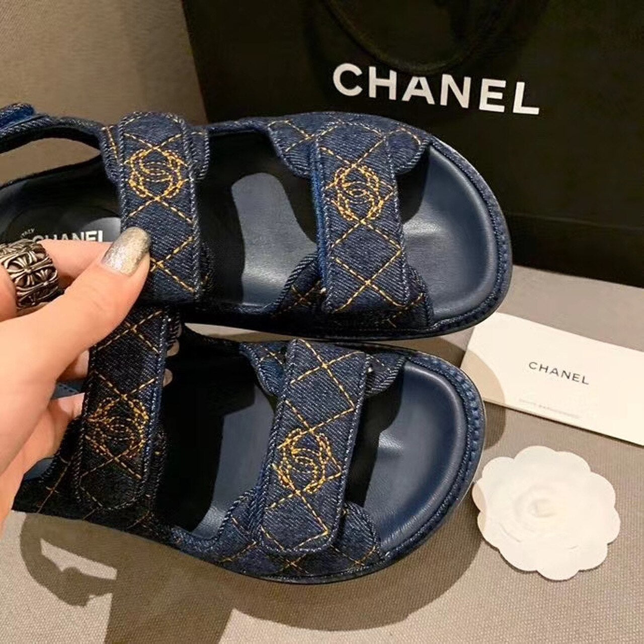 Chanel Denim Velcro Beach Sandals Calfskin Leather Spring/Summer Collection Blue