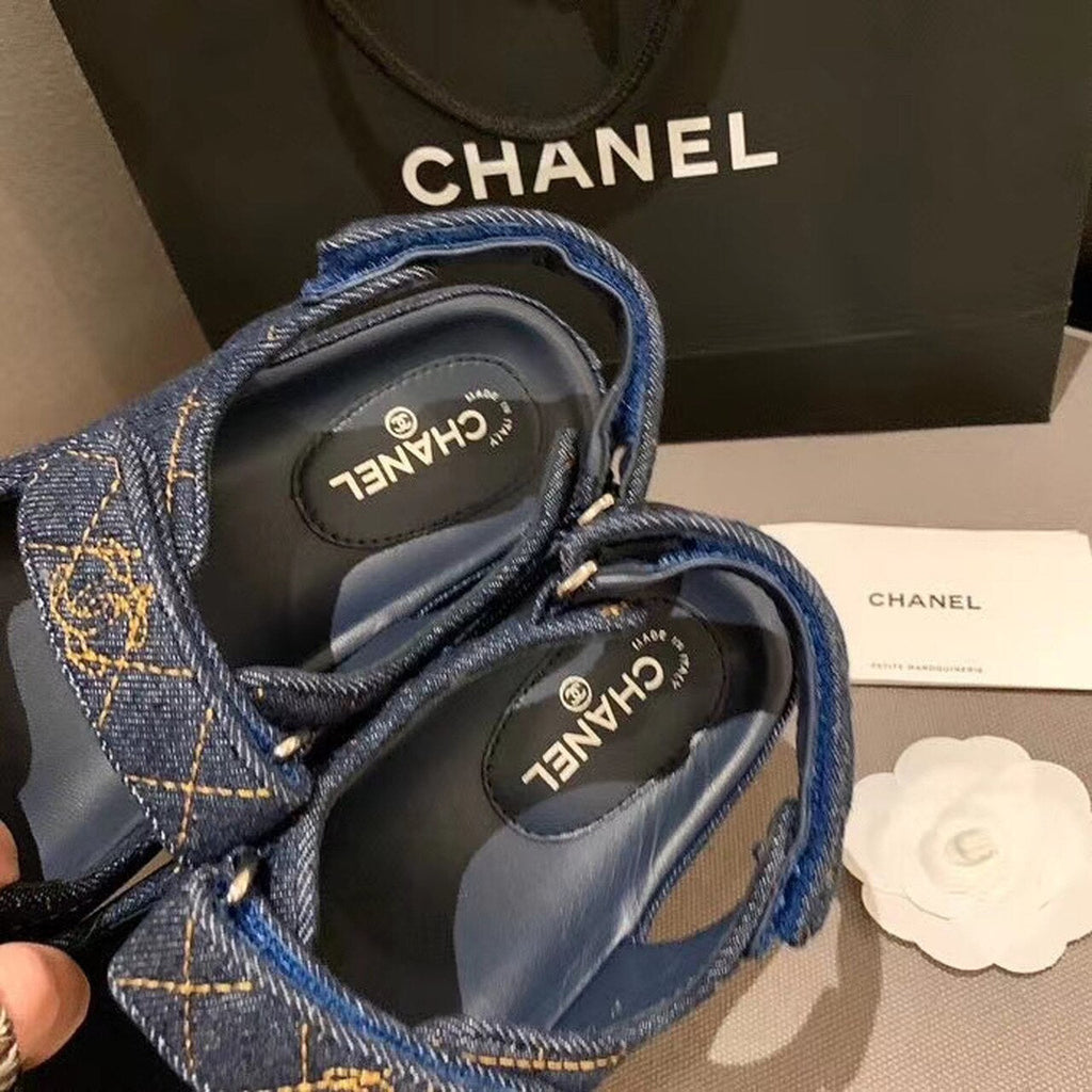 Chanel Denim Velcro Beach Sandals Calfskin Leather Spring/Summer Collection Blue