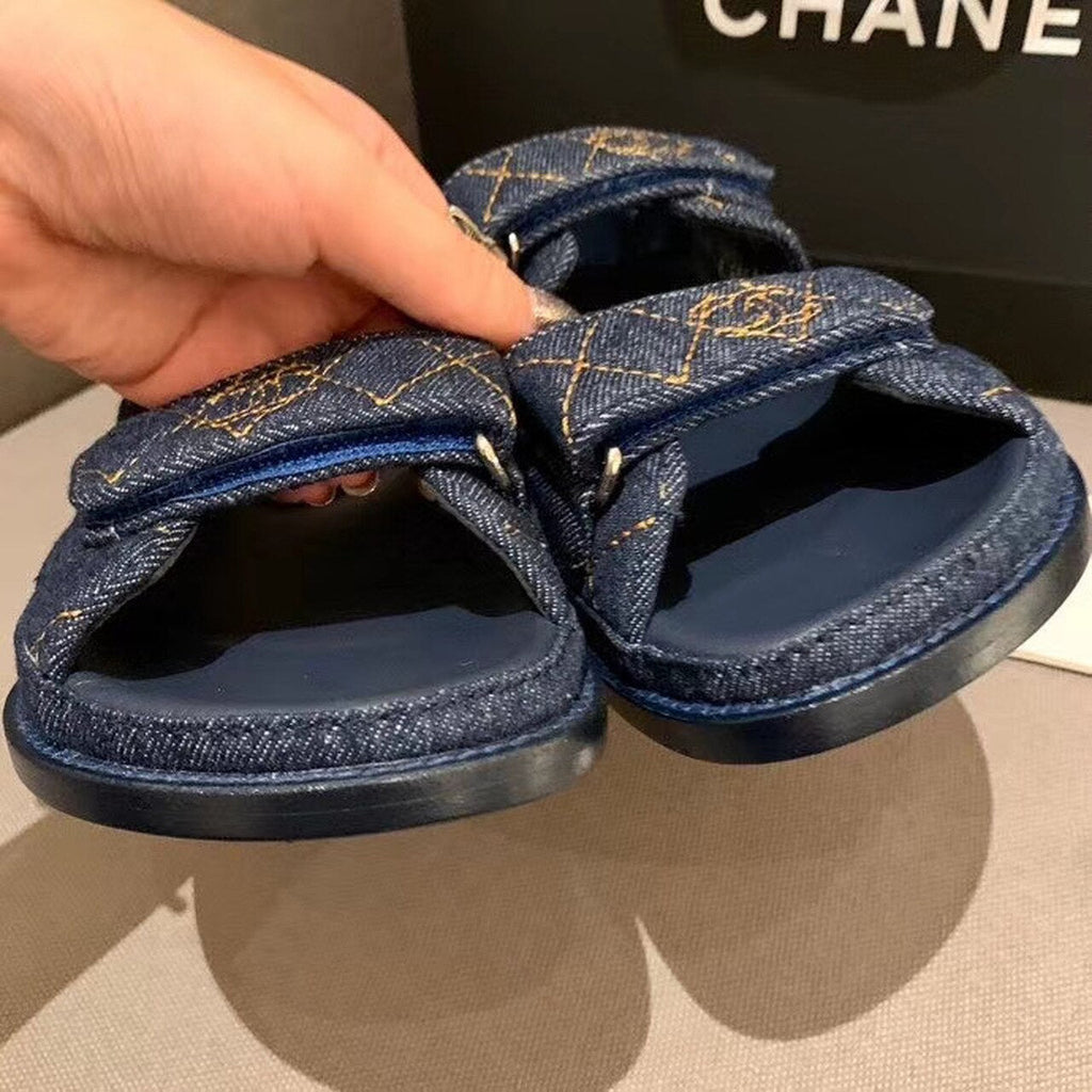 Chanel Denim Velcro Beach Sandals Calfskin Leather Spring/Summer Collection Blue