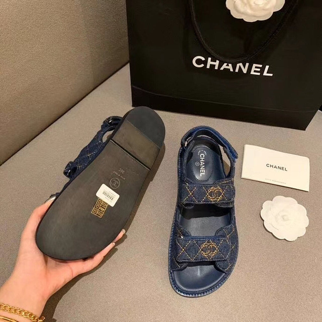 Chanel Denim Velcro Beach Sandals Calfskin Leather Spring/Summer Collection Blue