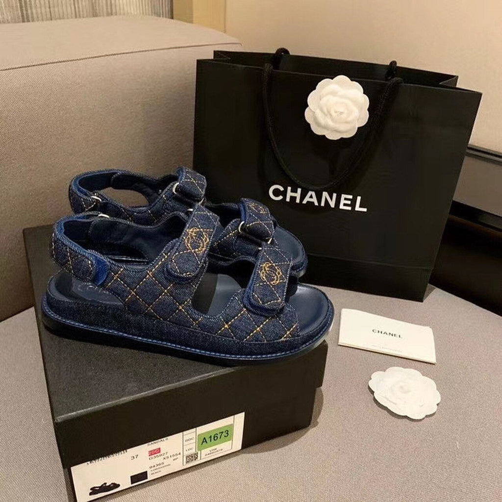 Chanel Denim Velcro Beach Sandals Calfskin Leather Spring/Summer Collection Blue