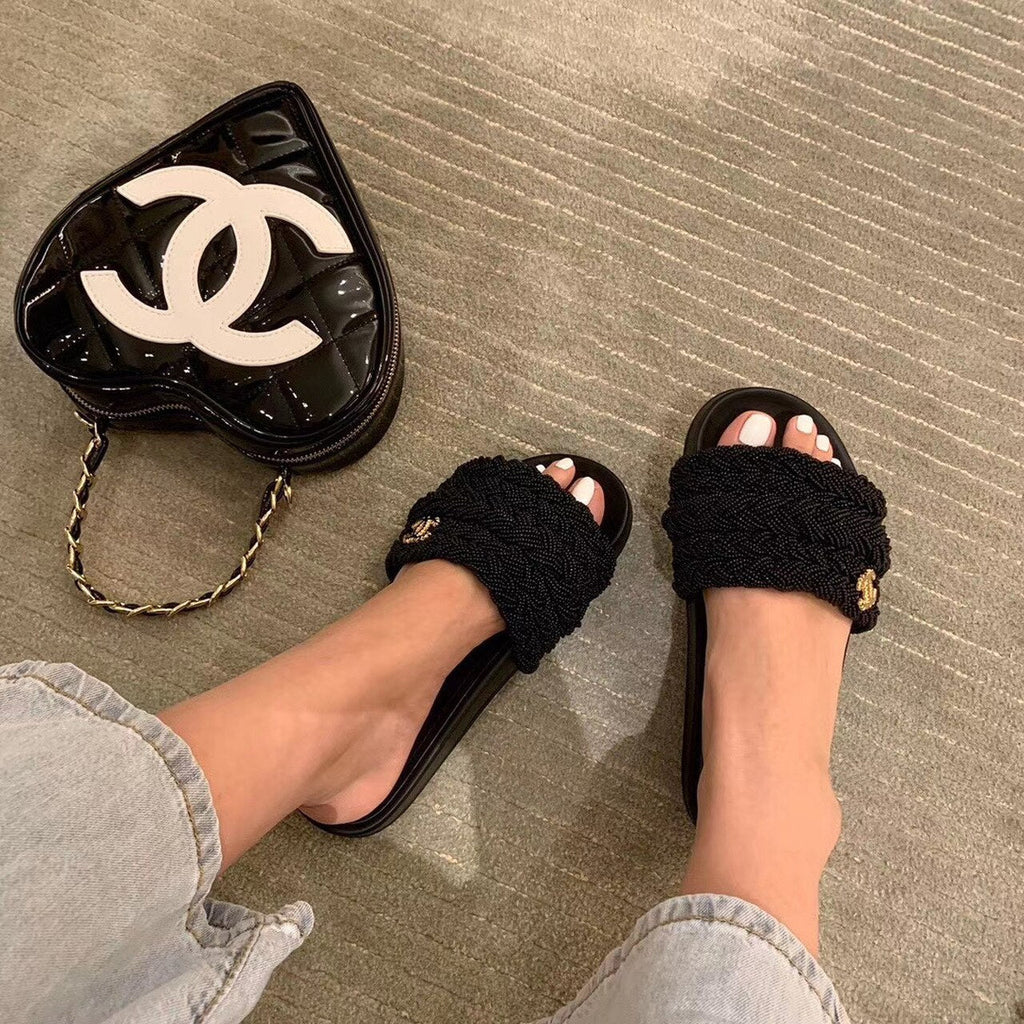 Chanel Pearl Beaded Embellished Sandals Calfskin Leather Spring/Summer Collection, Black