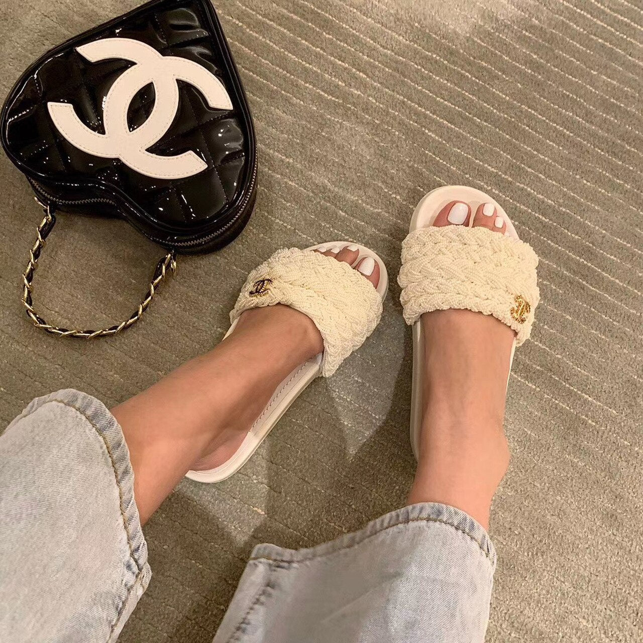 Chanel Pearl Beaded Embellished Sandals Calfskin Leather Spring/Summer Collection White
