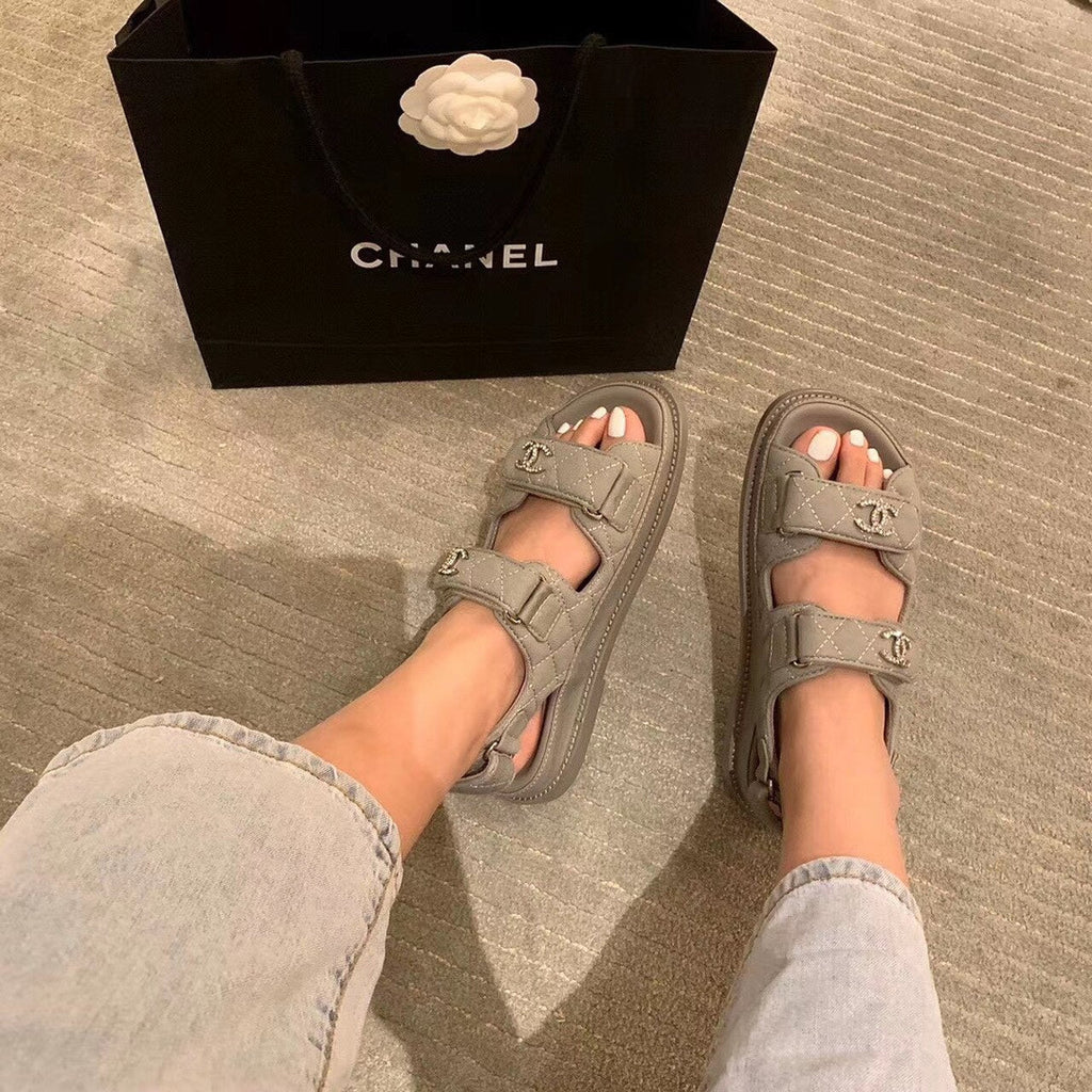 Chanel Crystal CC Satin Velcro Beach Sandals Calfskin Leather Spring/Summer Collection Grey
