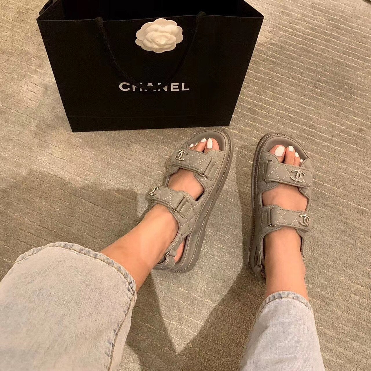 Chanel Crystal CC Satin Velcro Beach Sandals Calfskin Leather Spring/Summer Collection Grey