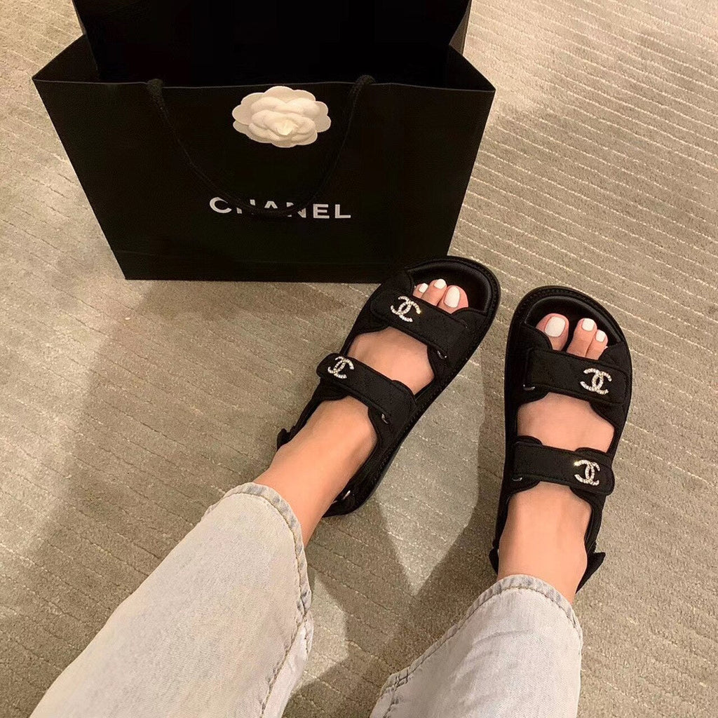 Chanel Crystal CC Satin Velcro Beach Sandals Calfskin Leather Spring/Summer Collection Black