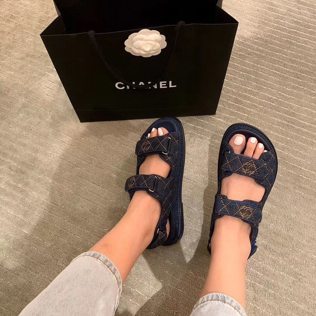 Chanel Denim Velcro Beach Sandals Calfskin Leather Spring/Summer Collection Blue