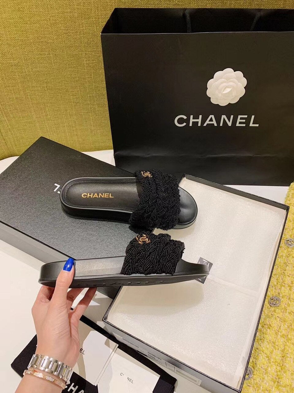 Chanel Pearl Beaded Embellished Sandals Calfskin Leather Spring/Summer Collection Black