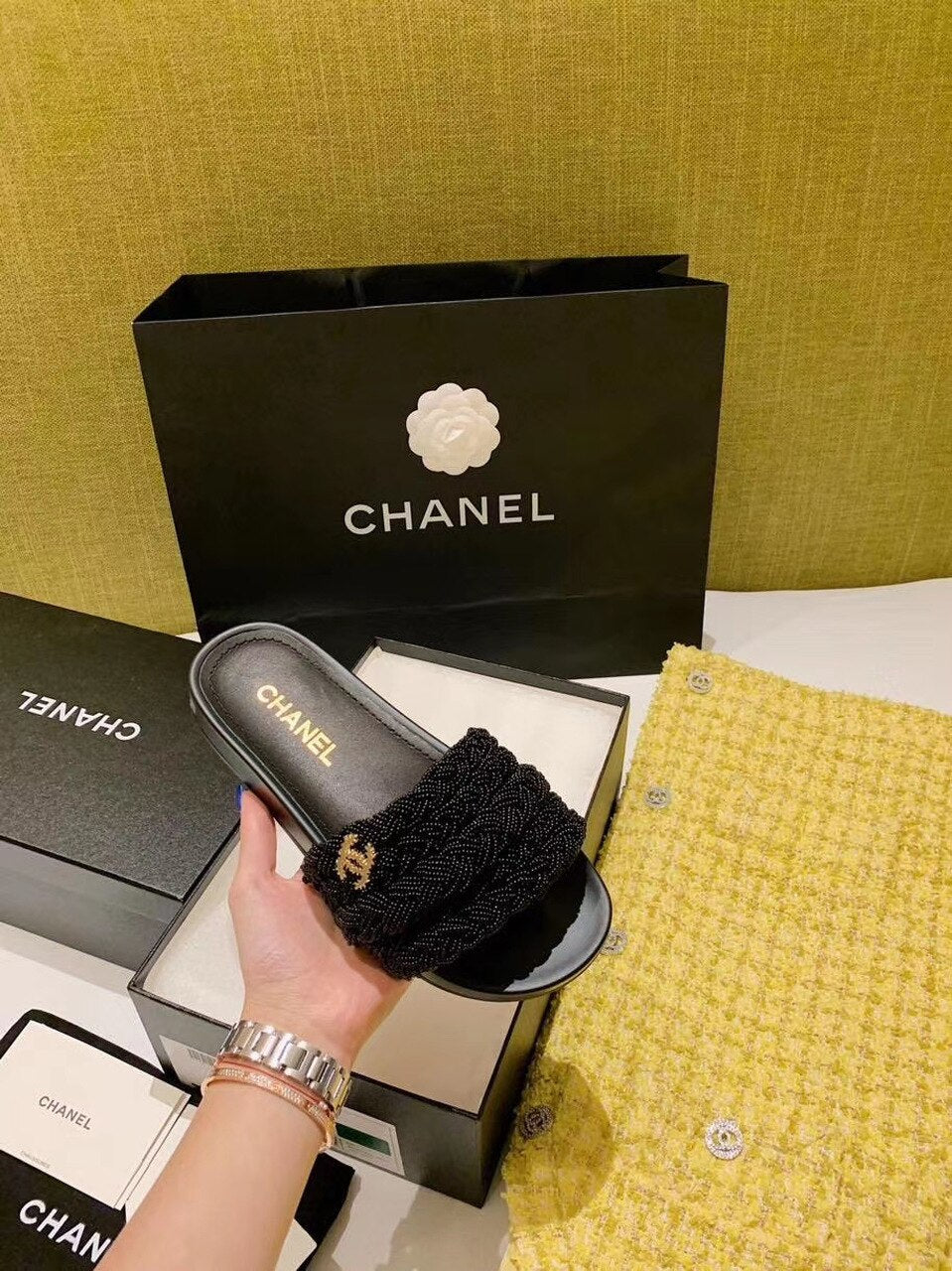 Chanel Pearl Beaded Embellished Sandals Calfskin Leather Spring/Summer Collection Black